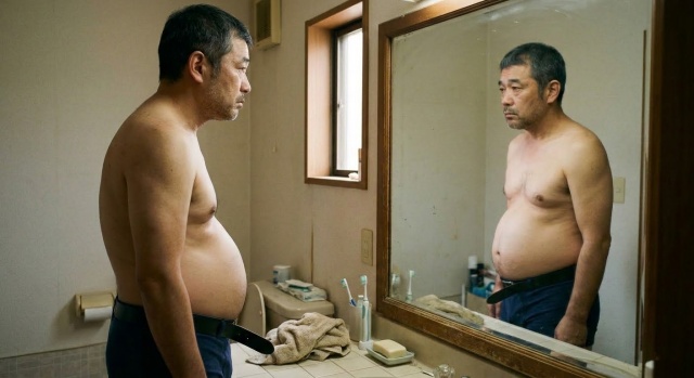 鏡に映る、ベルトに乗っかったぽっこりお腹や、丸みを帯びただらしない背中